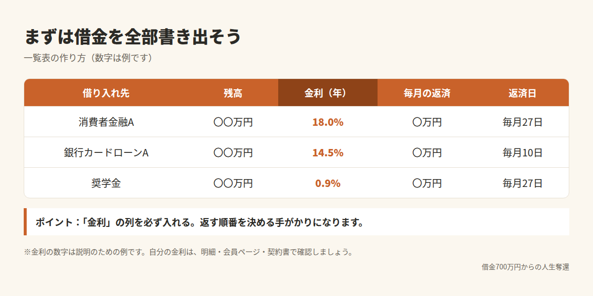 借金の一覧表の作り方。借り入れ先・残高・金利・毎月の返済・返済日を書き出す