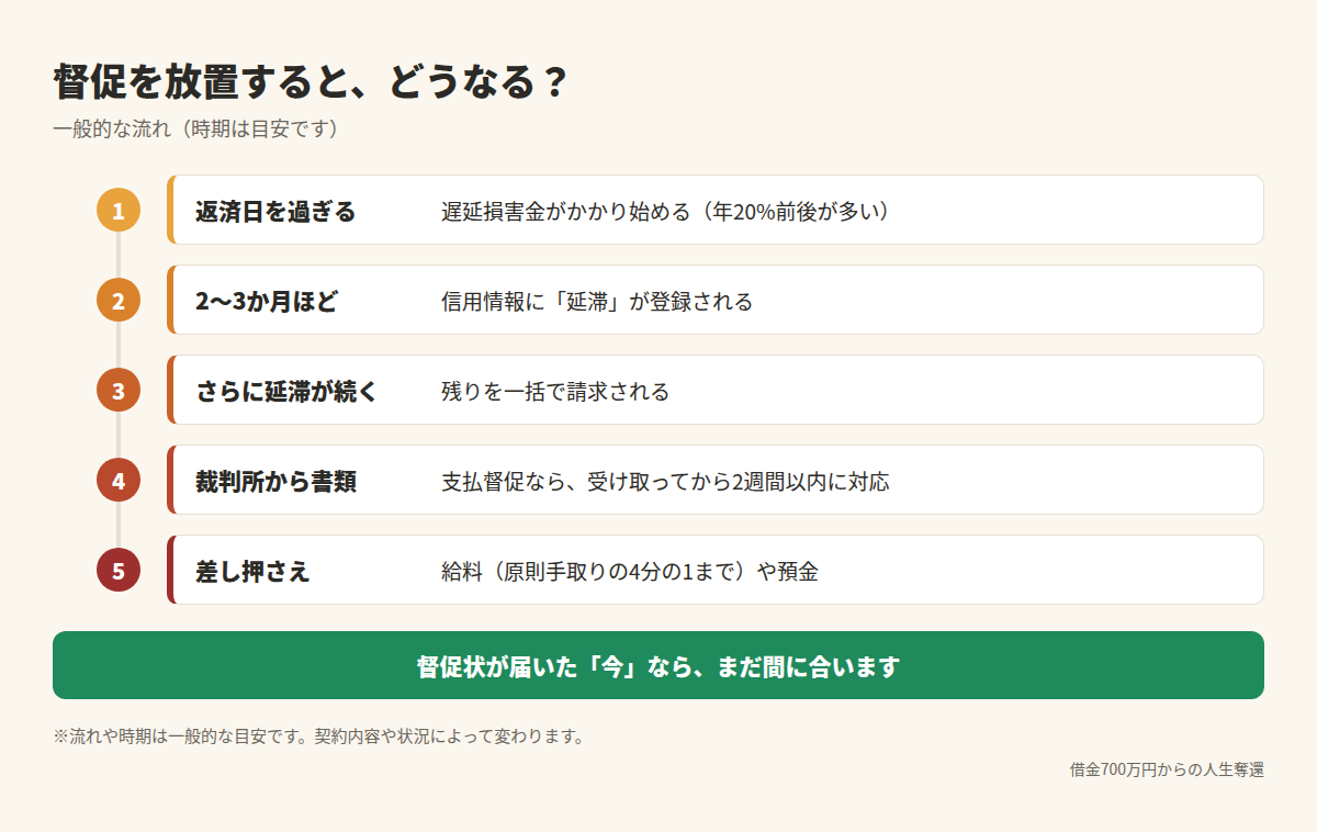督促を放置したときの一般的な流れ。遅延損害金、信用情報への登録、一括請求、裁判所からの書類、差し押さえ