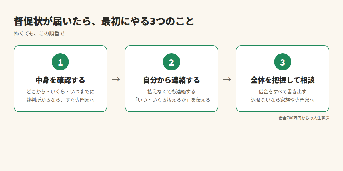 督促状が届いたら最初にやる3つのこと。中身を確認する、自分から連絡する、全体を把握して相談する