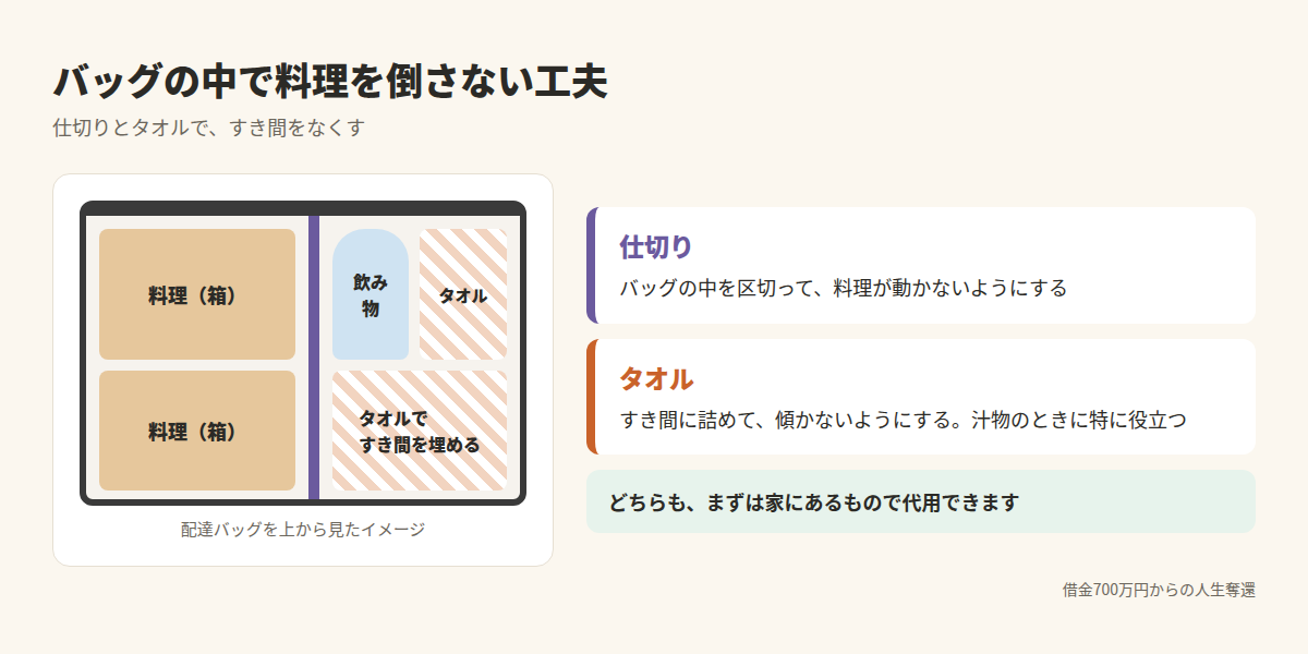 バッグの中で料理を倒さない工夫
