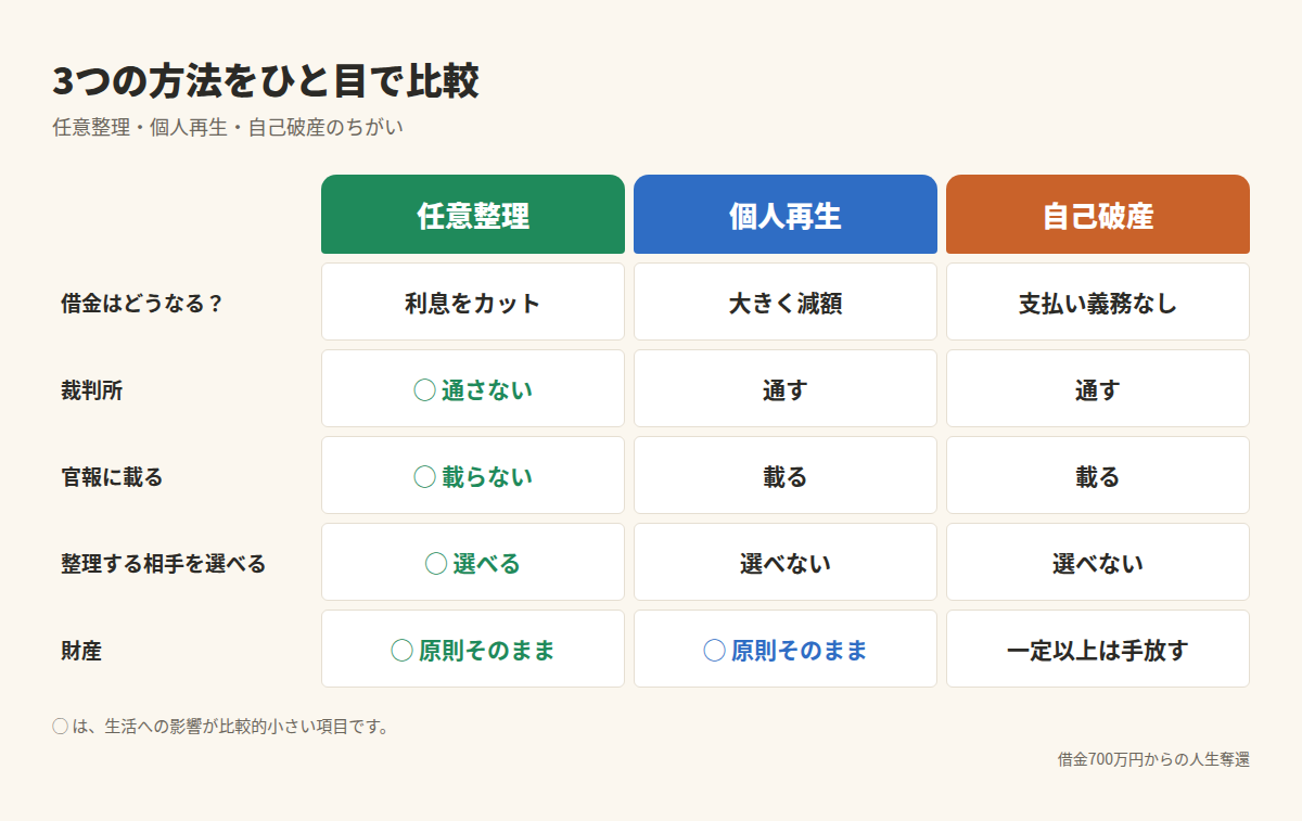 任意整理・個人再生・自己破産の比較表